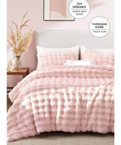 Kürk Yatak Örtüsü Çift Kişilik Dolgulu Peluş Yumuşak Çift Taraflı Yorgan 3 Parça - Pudra