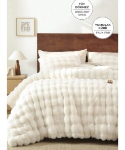 Kürk Yatak Örtüsü Çift Kişilik Dolgulu Peluş Yumuşak Çift Taraflı Yorgan 3 Parça - KREM